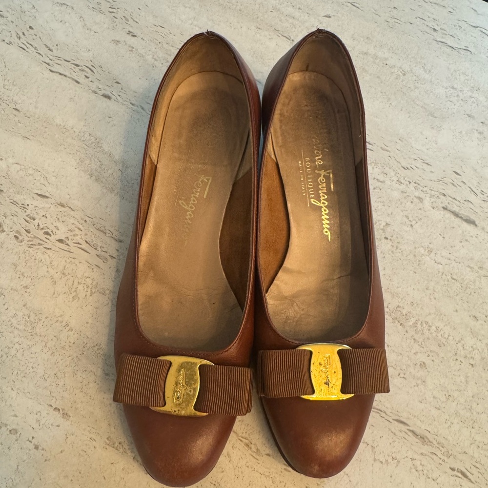Vintage Salvatore Ferragamo Women's Brown Flats with Gold Buckle